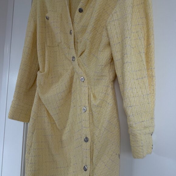 NWT Maje Rillo Mini Shirt Dress Jaune Pale Lurex Tweed Asymmetrical Button Front - Picture 6 of 9
